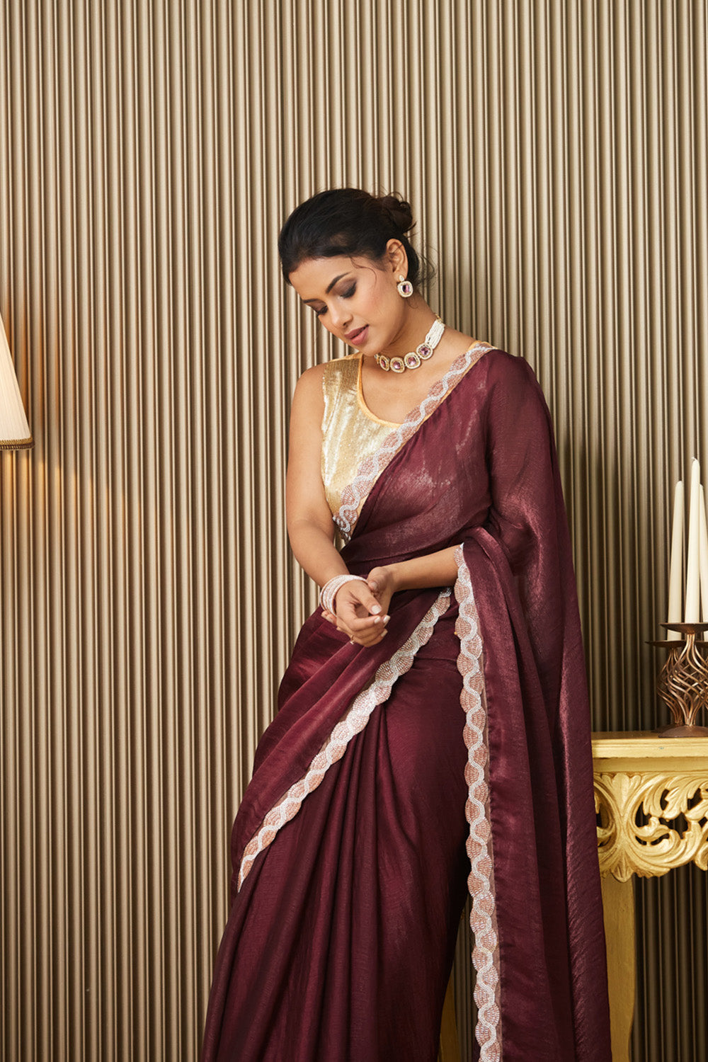 Maroon Beads Chiffon Saree With Blouse