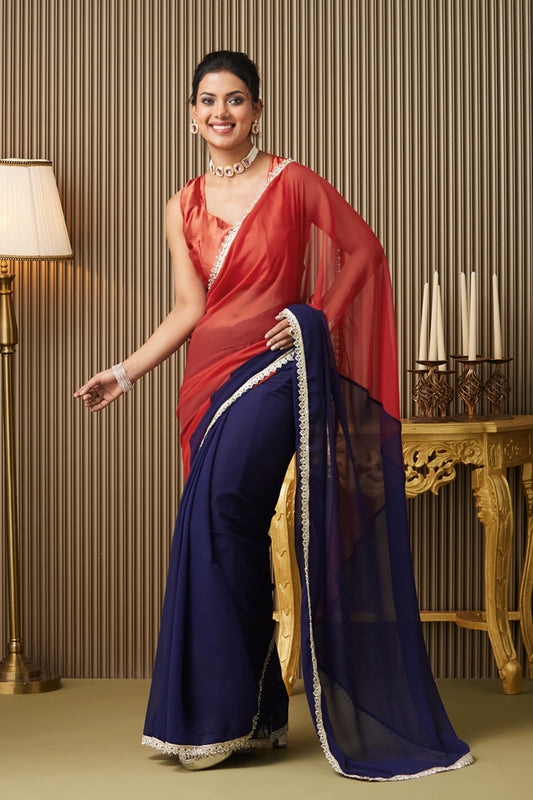 Blue Maroon Colorblocked Chiffon Saree With Blouse