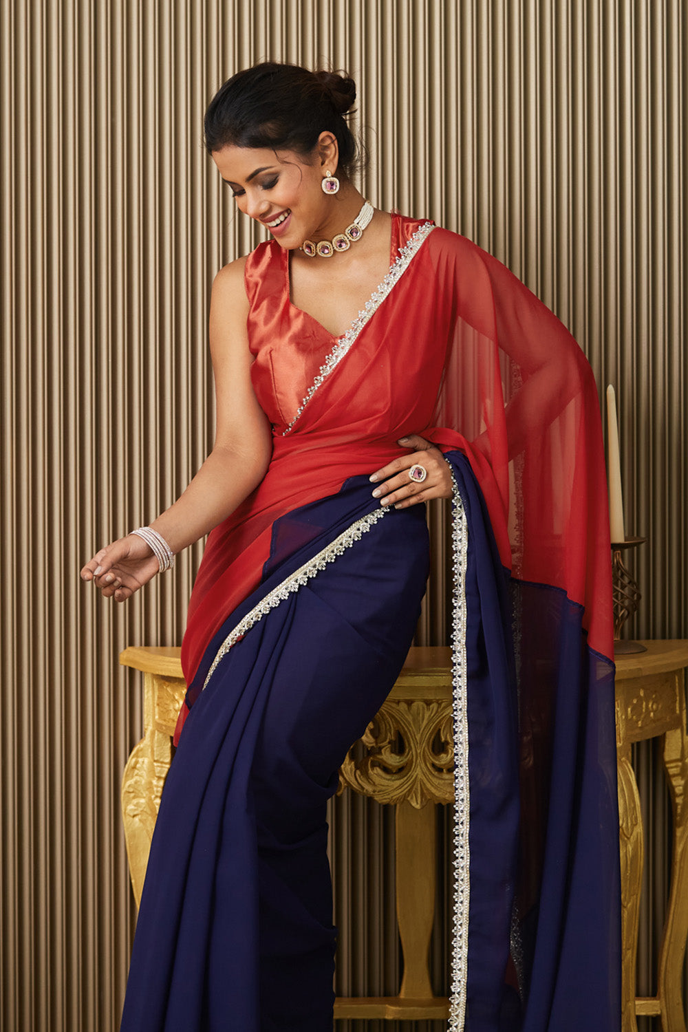 Blue Maroon Colorblocked Chiffon Saree With Blouse