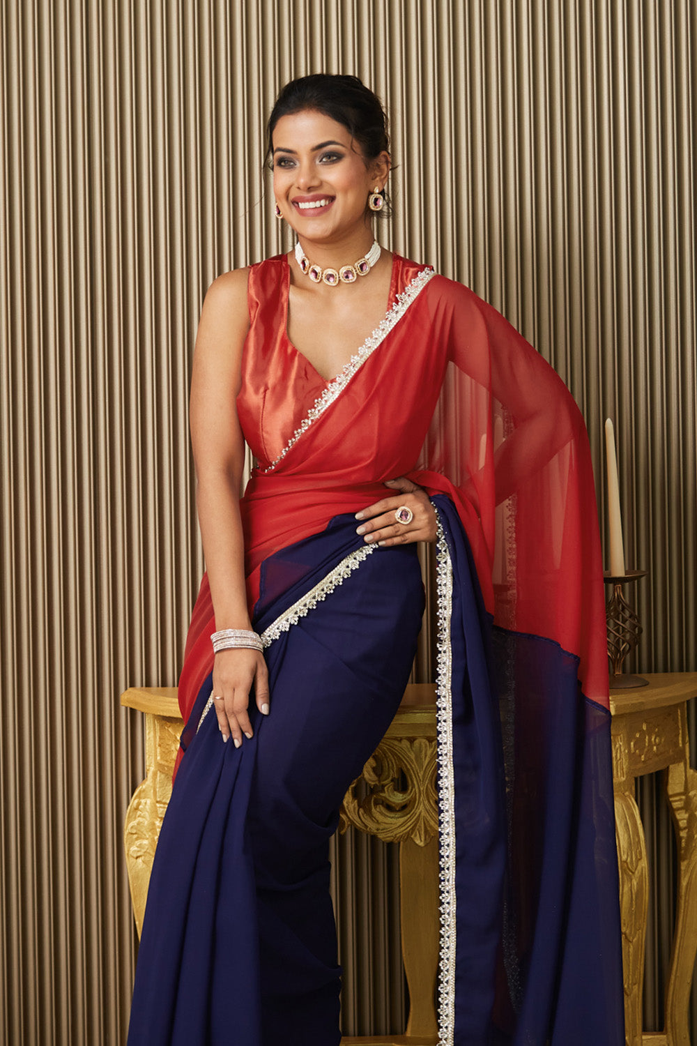 Blue Maroon Colorblocked Chiffon Saree With Blouse