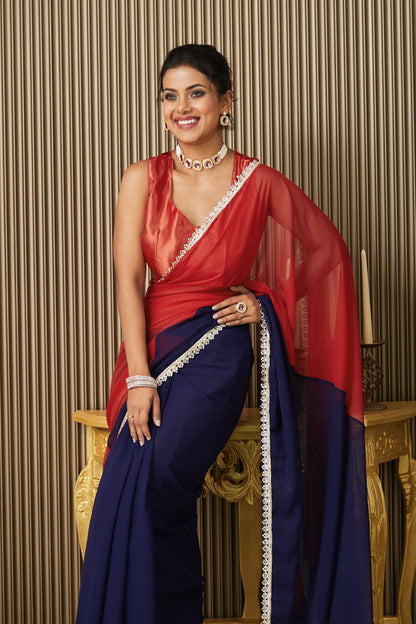 Blue Maroon Colorblocked Chiffon Saree With Blouse