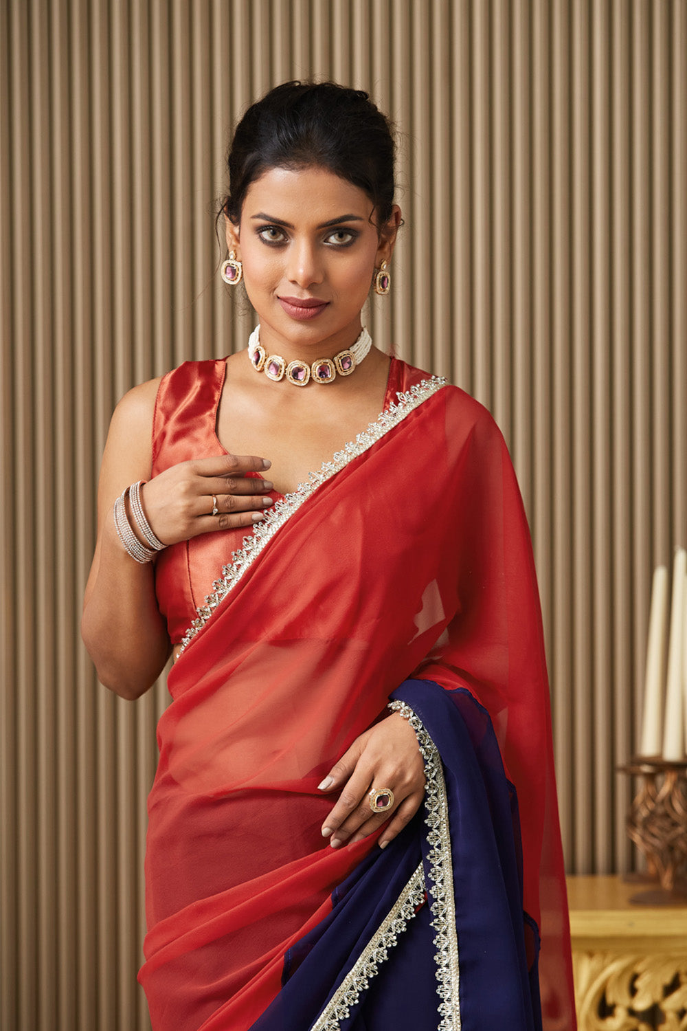 Blue Maroon Colorblocked Chiffon Saree With Blouse