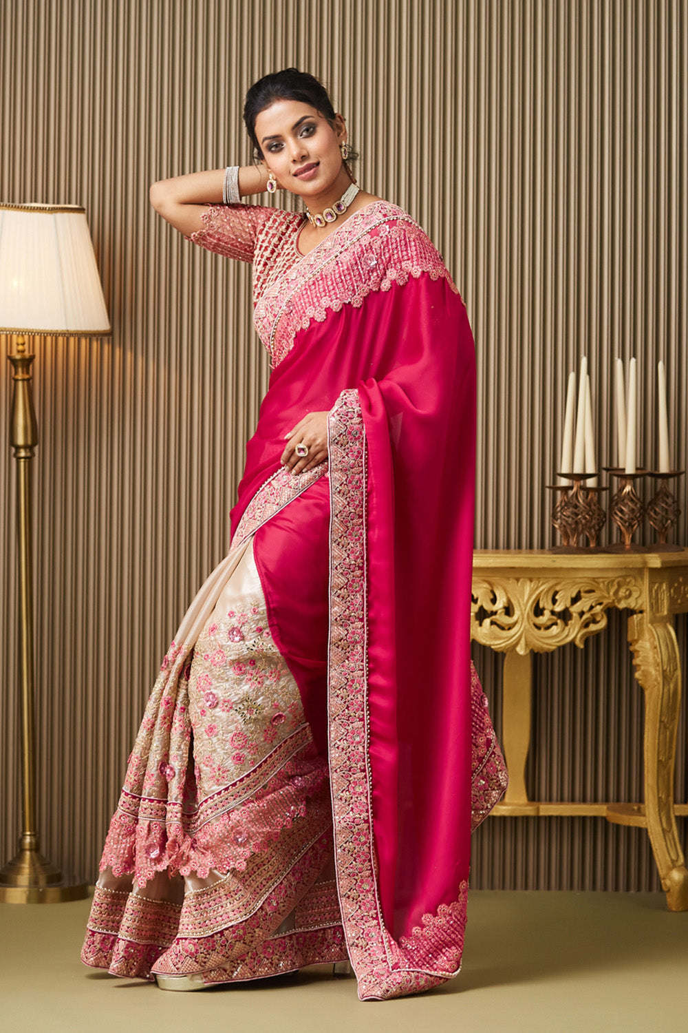 Pink Cream Embroidered Satin Saree With Blouse