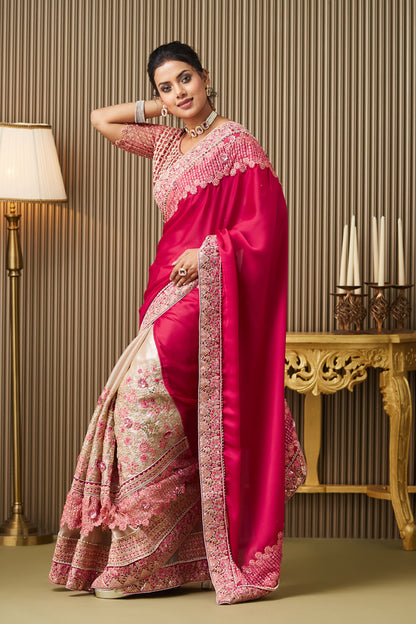 Pink Cream Embroidered Satin Saree With Blouse