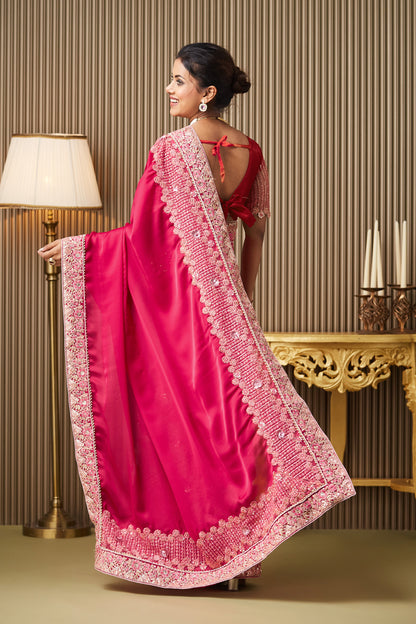 Pink Cream Embroidered Satin Saree With Blouse