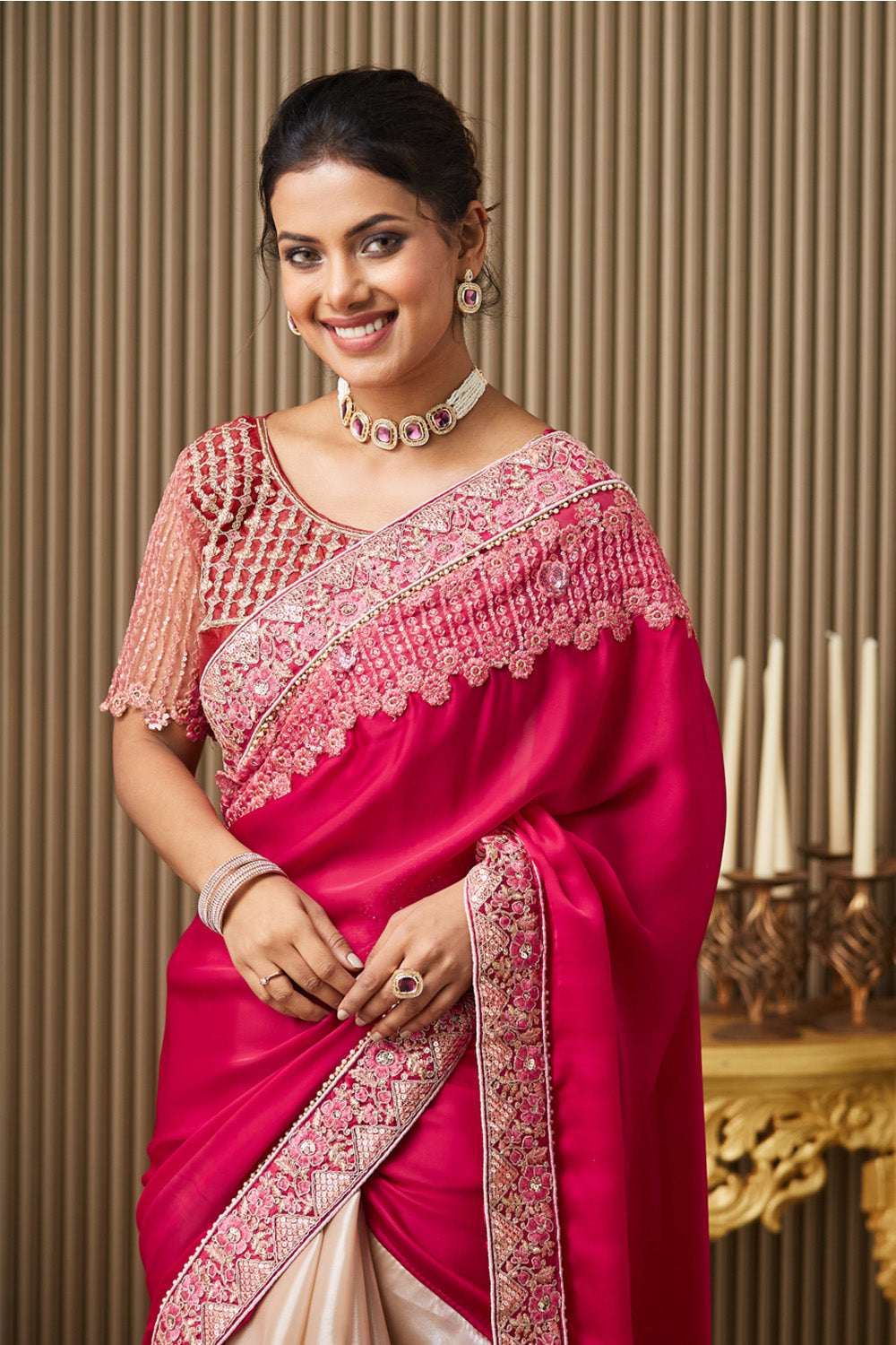 Pink Cream Embroidered Satin Saree With Blouse