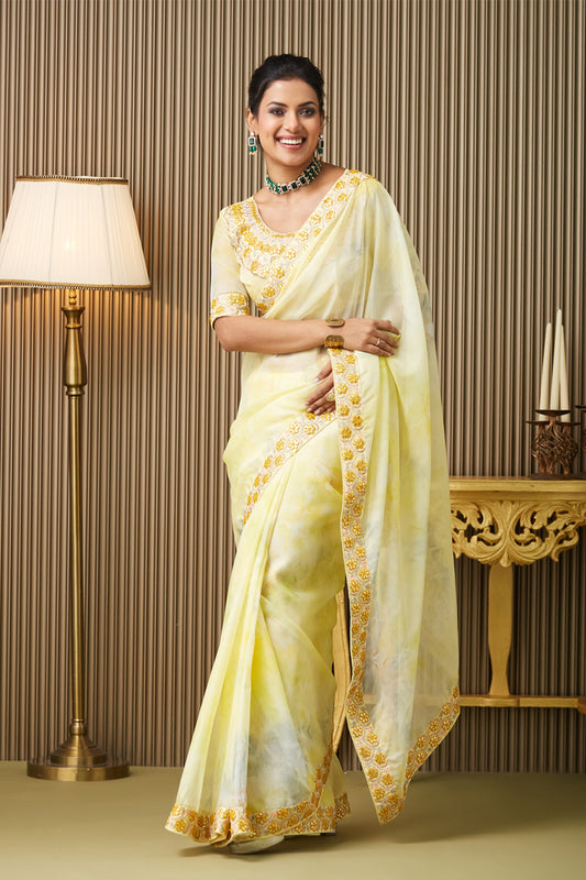 Yellow Embroidered Organza Saree With Blouse