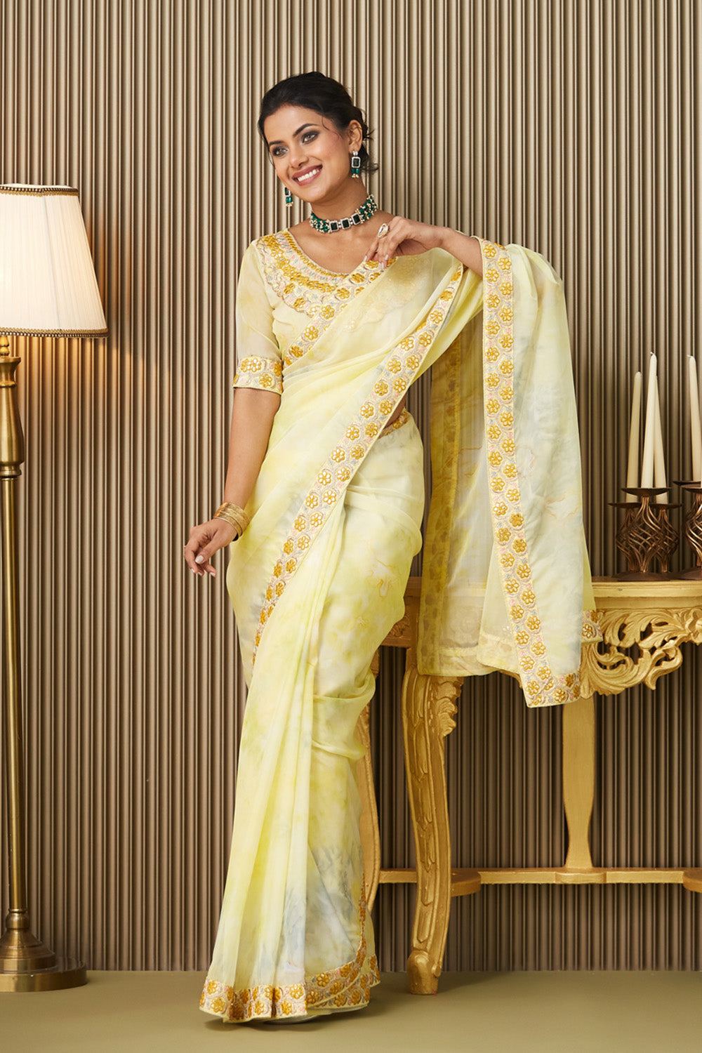 Yellow Embroidered Organza Saree With Blouse