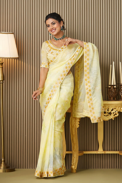 Yellow Embroidered Organza Saree With Blouse