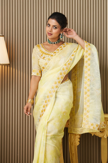 Yellow Embroidered Organza Saree With Blouse