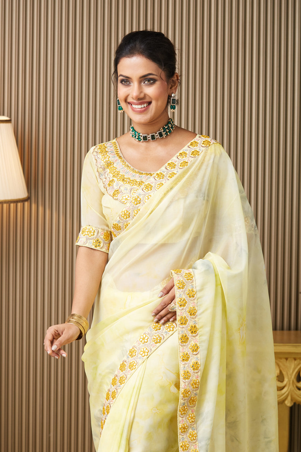 Yellow Embroidered Organza Saree With Blouse
