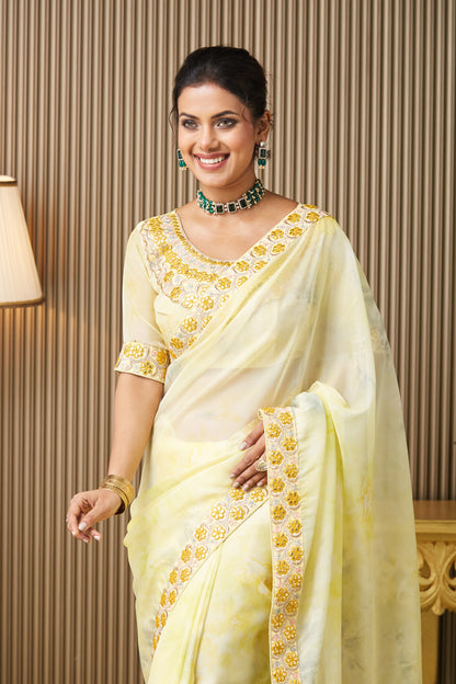 Yellow Embroidered Organza Saree With Blouse