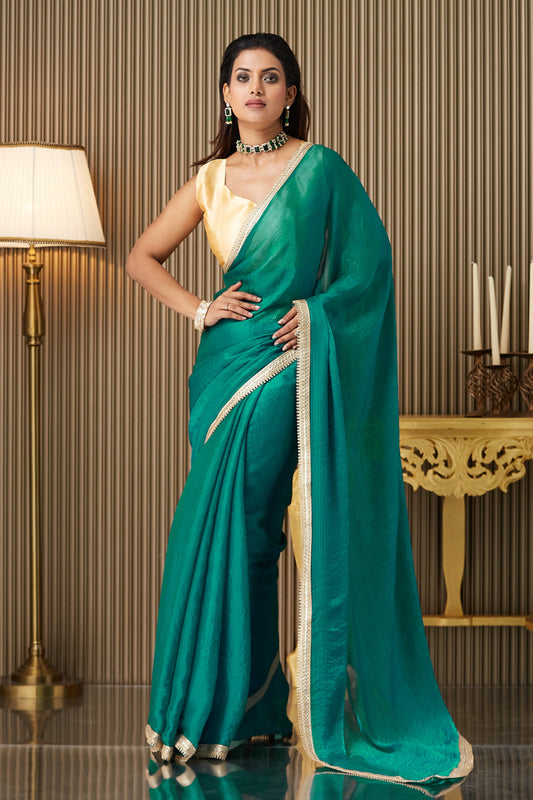 Green Solid Chiffon Saree With Blouse