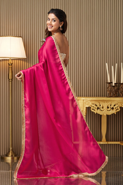 Pink Colorblocked Chiffon Saree With Blouse
