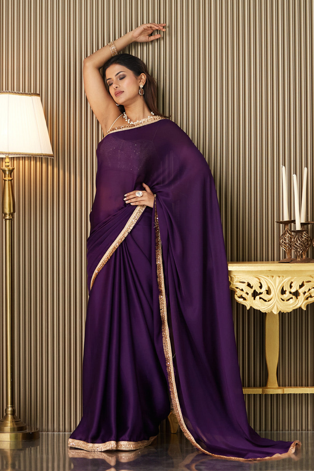 Purple Solid Satin Saree Designer Lace And Blouse