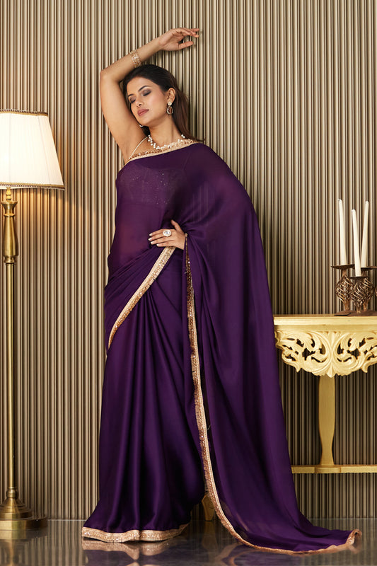 Purple Solid Satin Saree Designer Lace And Blouse