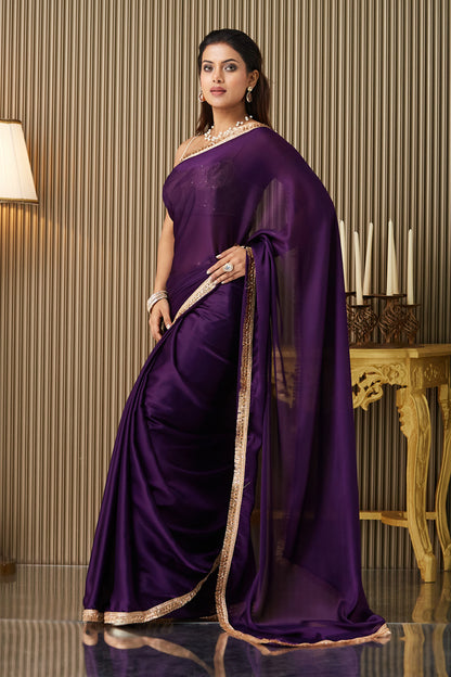 Purple Solid Satin Saree Designer Lace And Blouse