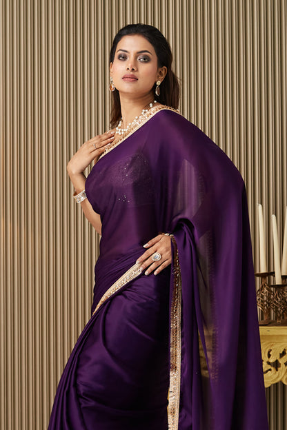 Purple Solid Satin Saree Designer Lace And Blouse