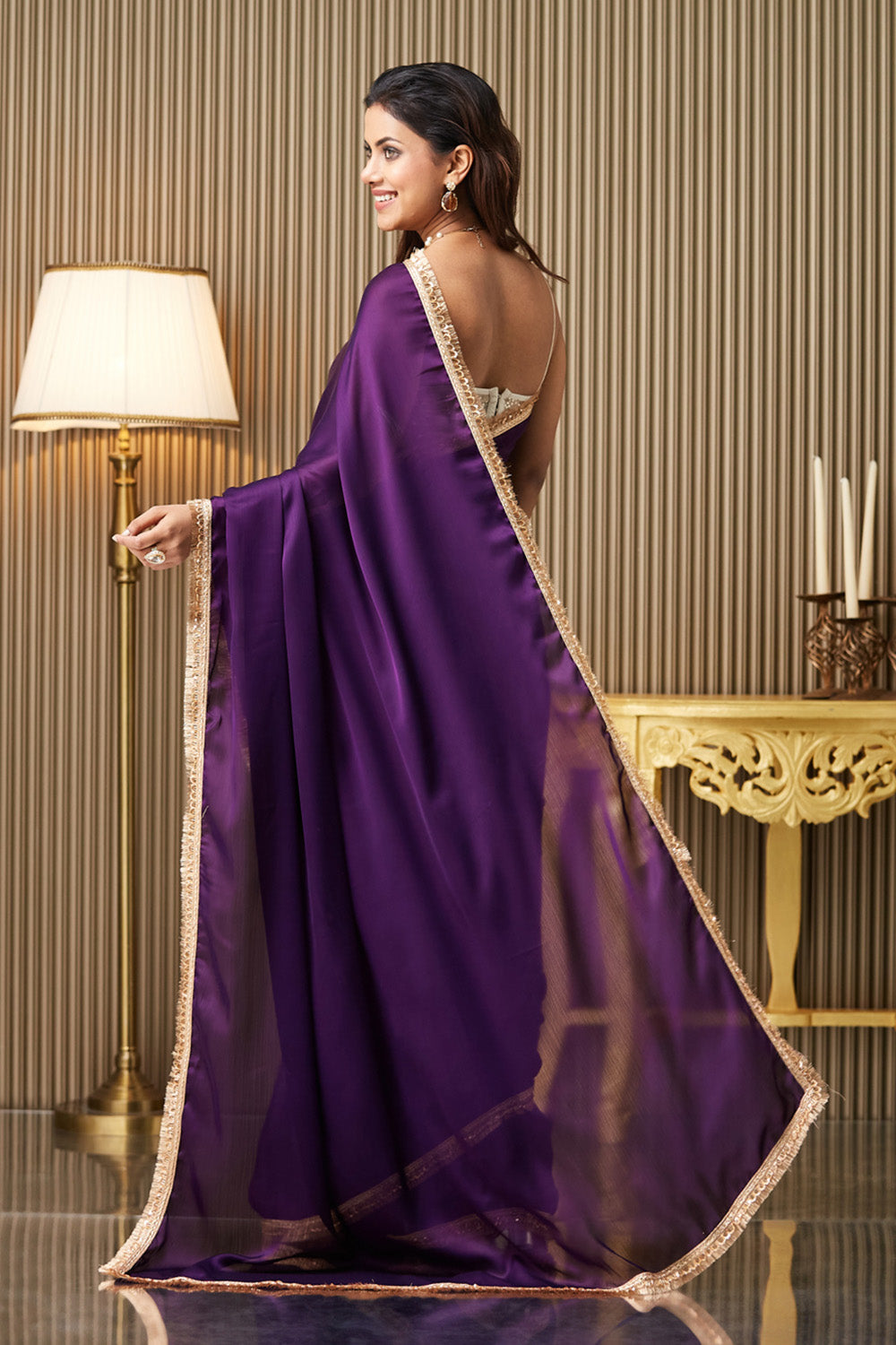 Purple Solid Satin Saree Designer Lace And Blouse