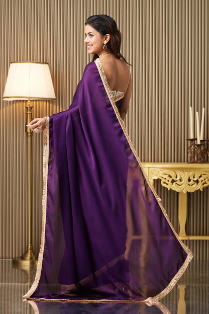 Purple Solid Satin Saree Designer Lace And Blouse