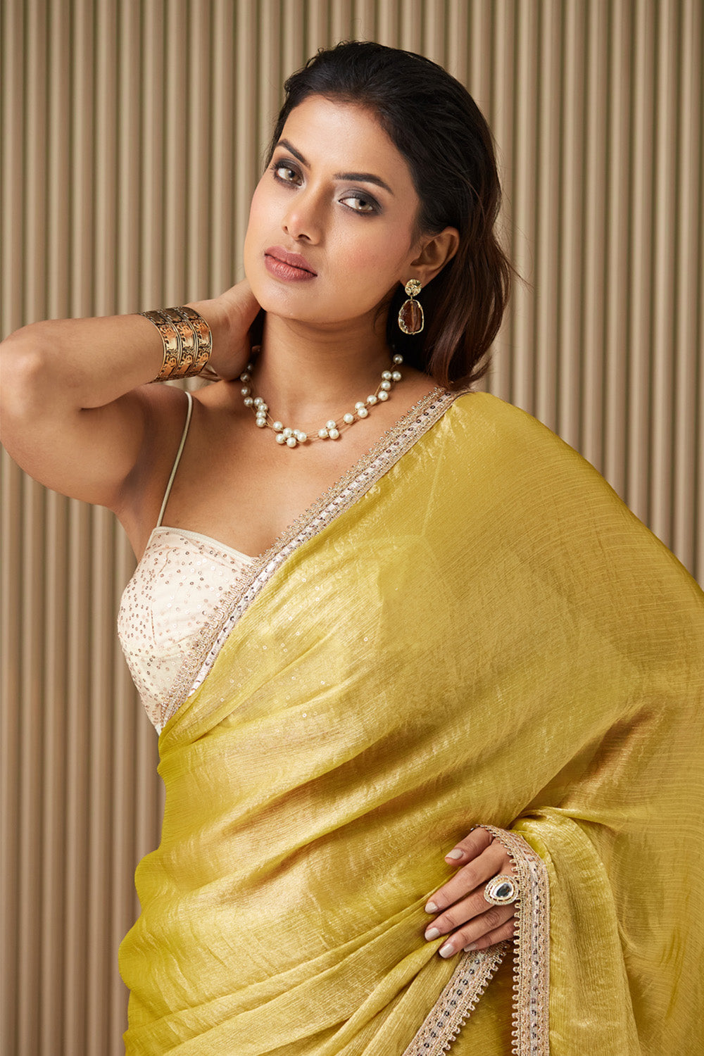 Gold Chiffon Saree With Designer Lace And Blouse