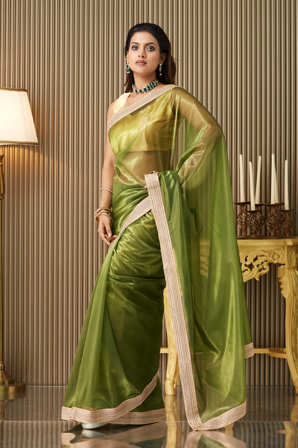 Green Solid Net Saree With Blouse