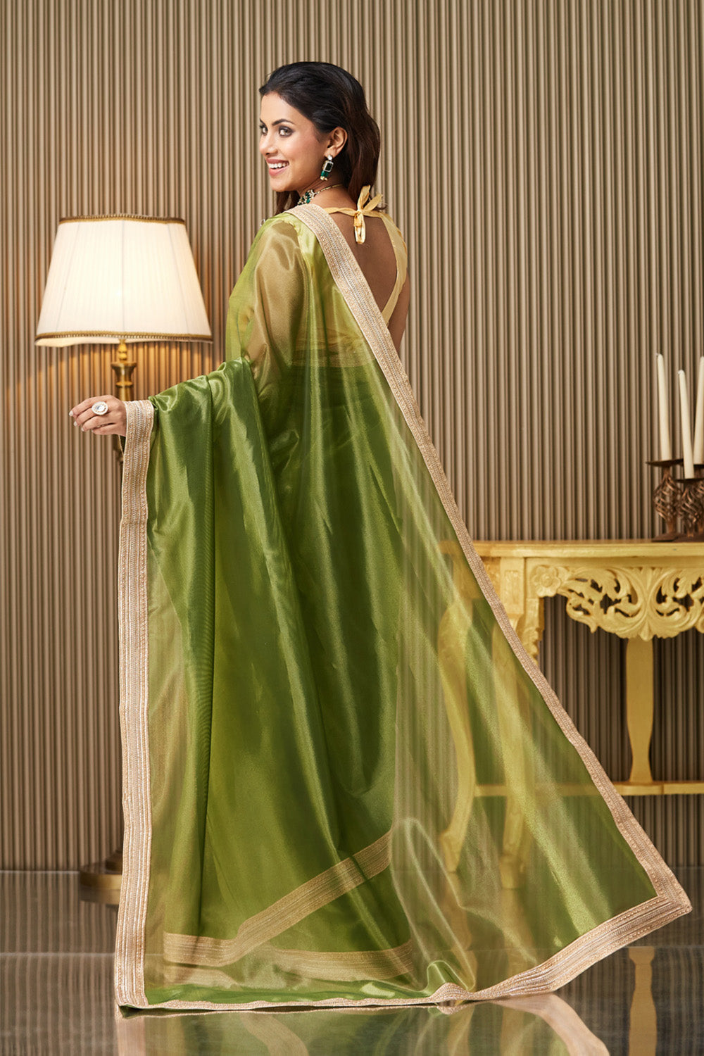 Green Solid Net Saree With Blouse
