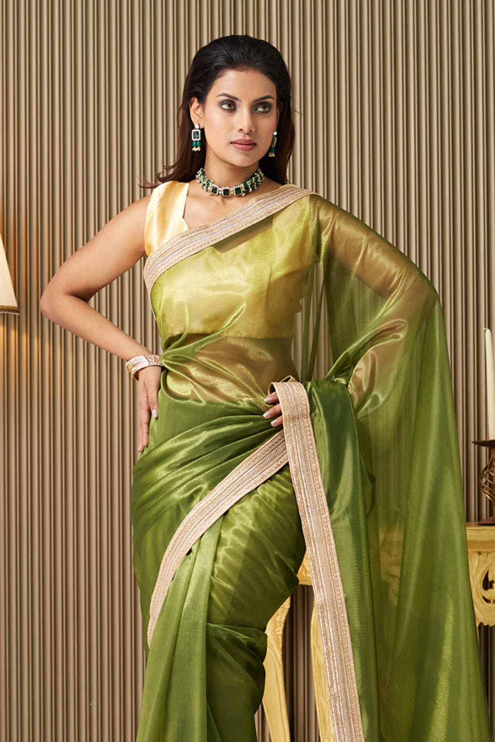 Green Solid Net Saree With Blouse