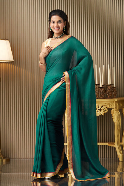 Green Solid Lace Saree With Blouse