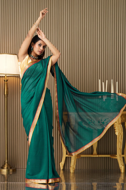 Green Solid Lace Saree With Blouse