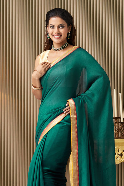 Green Solid Lace Saree With Blouse