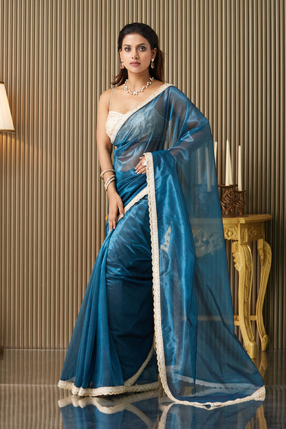 Turquoise Blue Organza Saree With Blouse