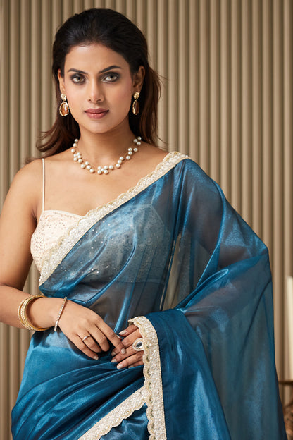 Turquoise Blue Organza Saree With Blouse