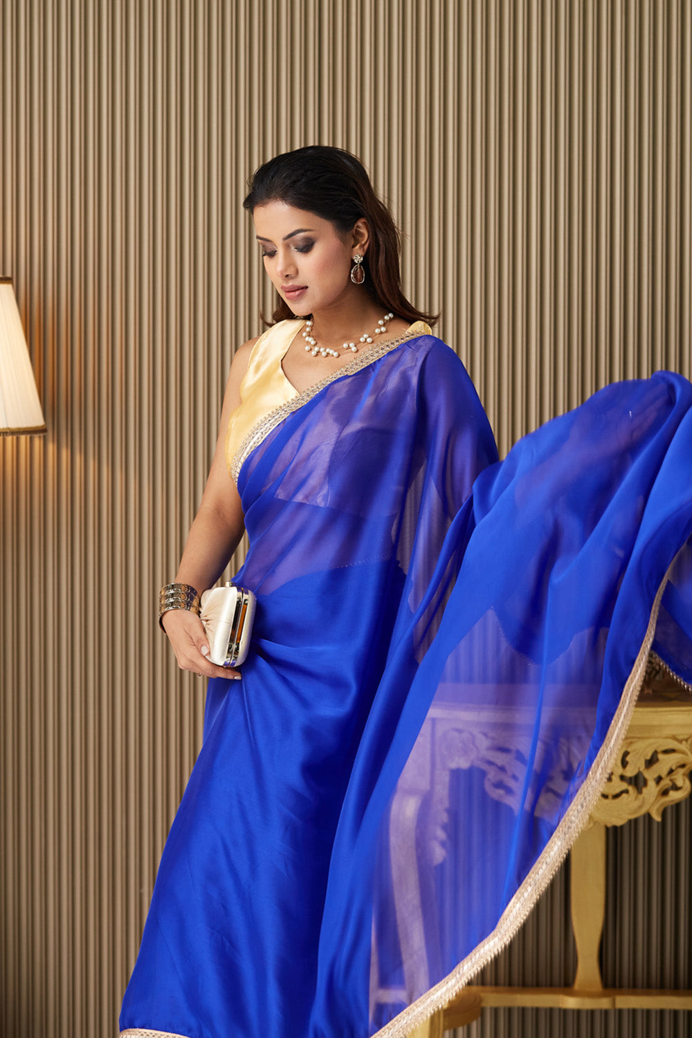 Blue Solid Satin Saree With Blouse