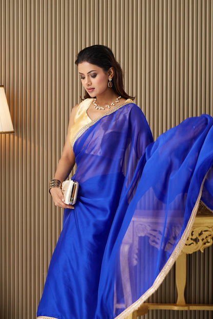 Blue Solid Satin Saree With Blouse