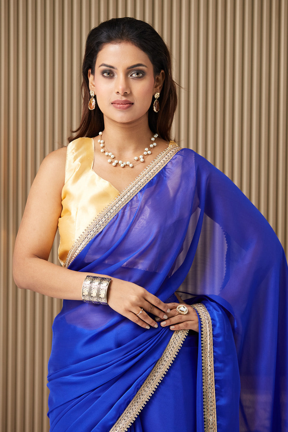 Blue Solid Satin Saree With Blouse