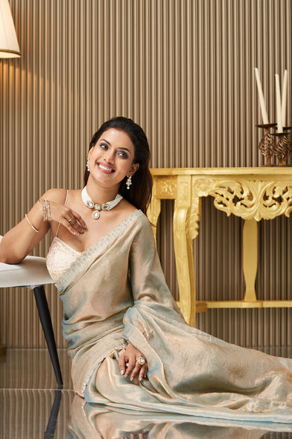 Brown Satin Saree Beads And Stones With Blouse