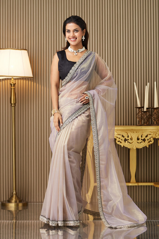 Beige Embroidered Organza Saree With Blouse