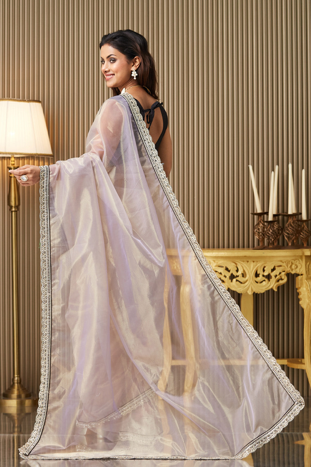 Beige Embroidered Organza Saree With Blouse