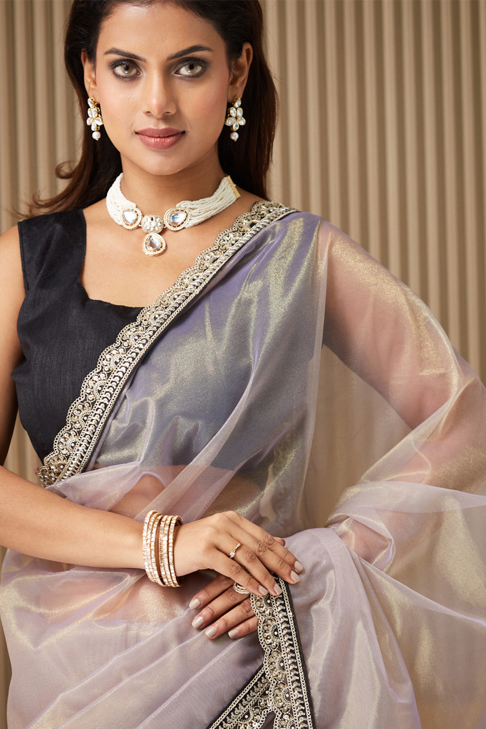Beige Embroidered Organza Saree With Blouse