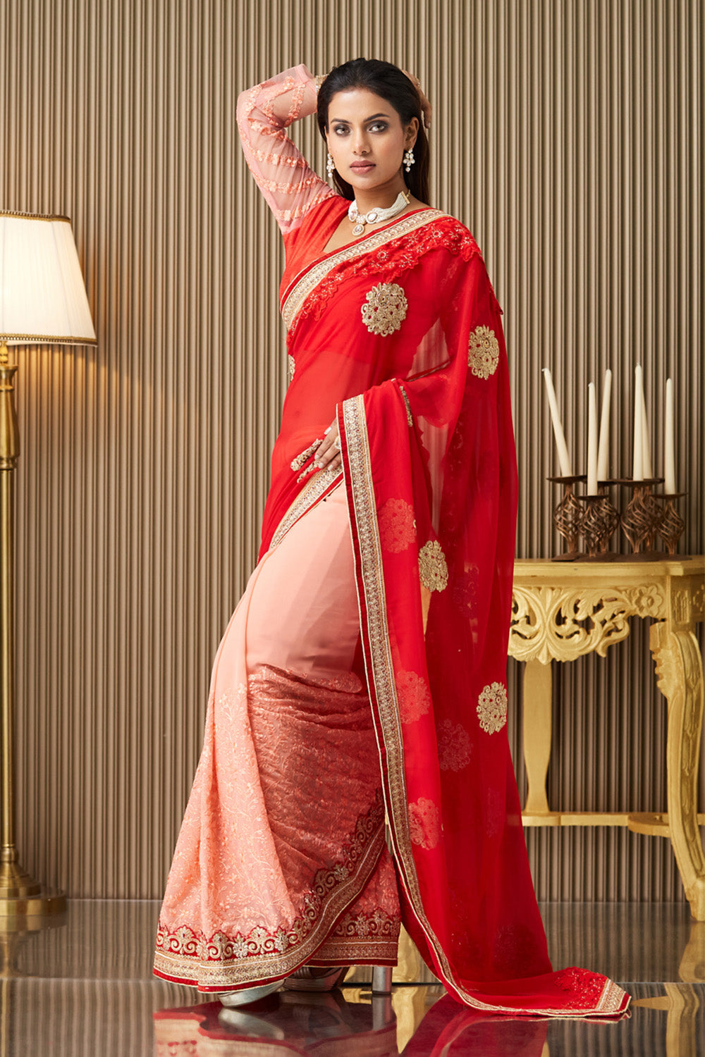 Red Embroidered Chiffon Saree With Blouse