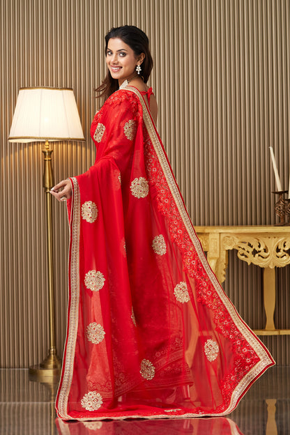 Red Embroidered Chiffon Saree With Blouse