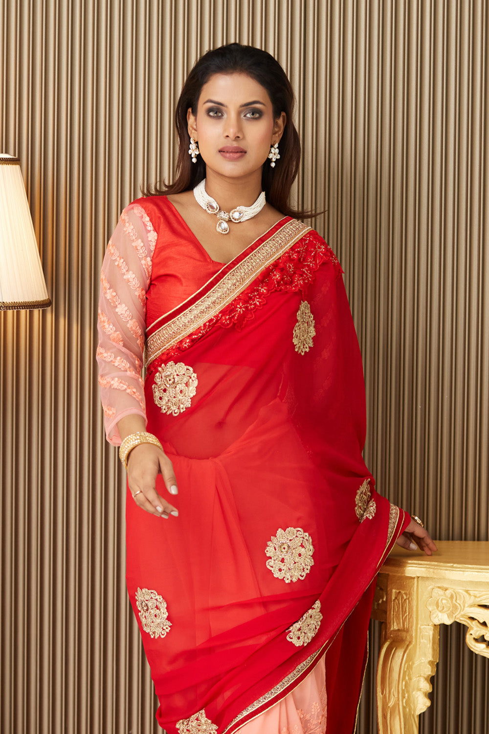 Red Embroidered Chiffon Saree With Blouse