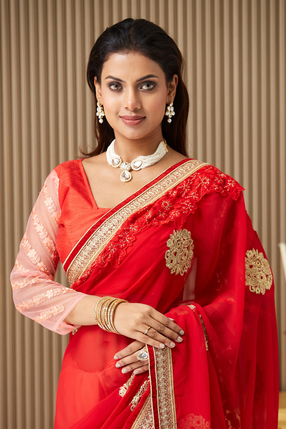 Red Embroidered Chiffon Saree With Blouse