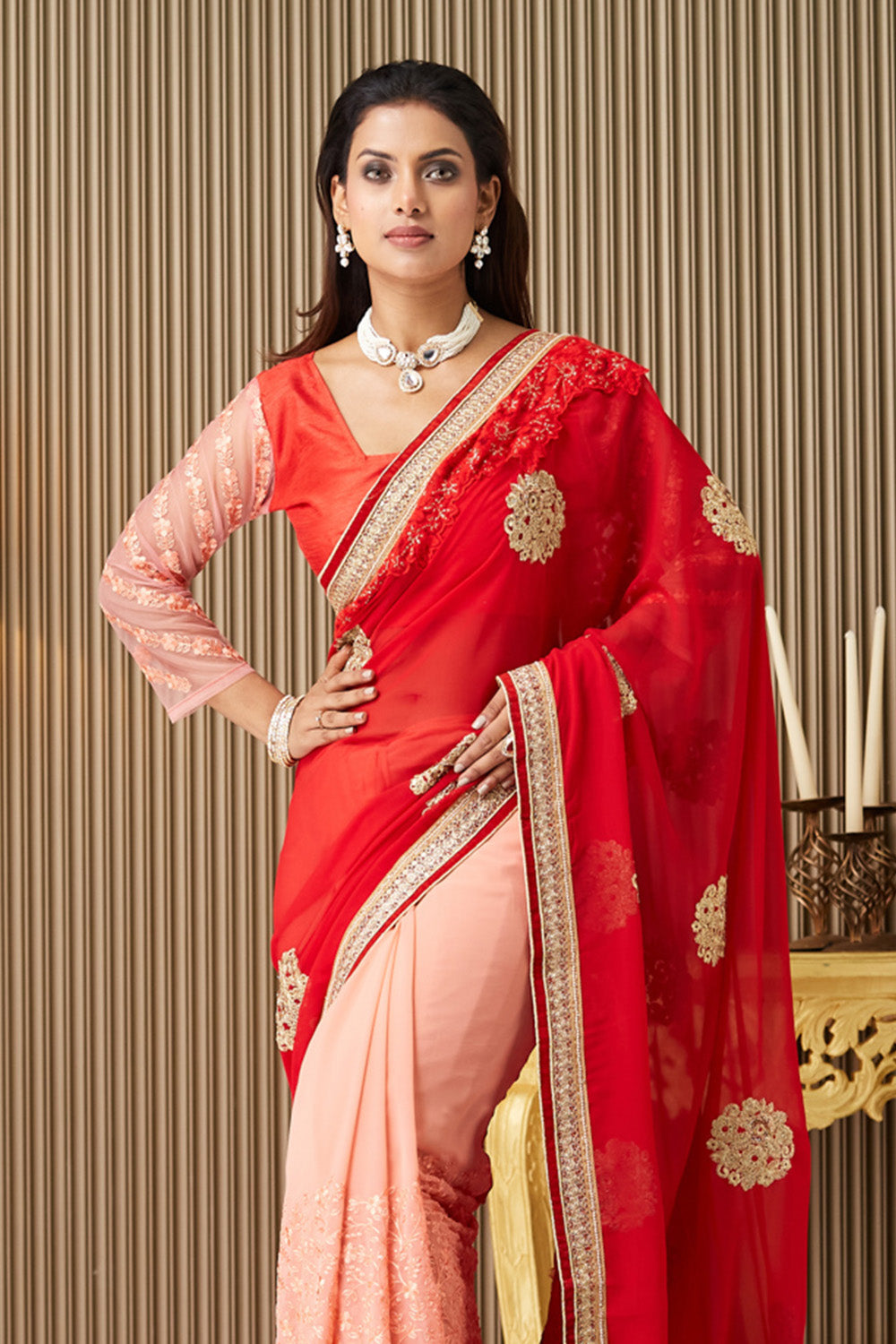 Red Embroidered Chiffon Saree With Blouse