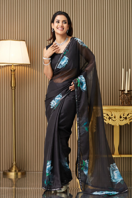 Black Printed Organza Saree With Blouse