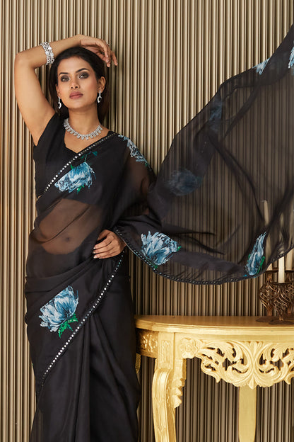 Black Printed Organza Saree With Blouse