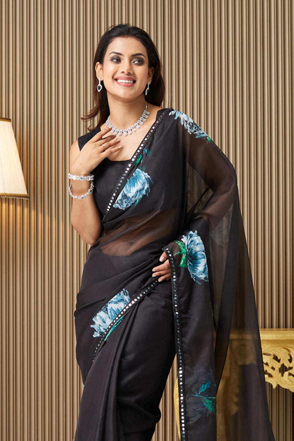Black Printed Organza Saree With Blouse