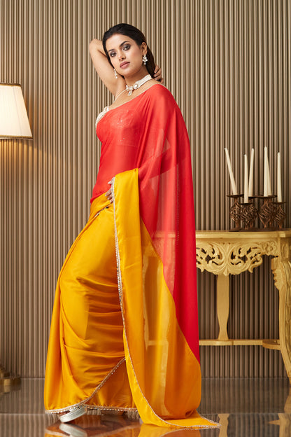 Yellow Red Colorblocked Chiffon Saree With Blouse