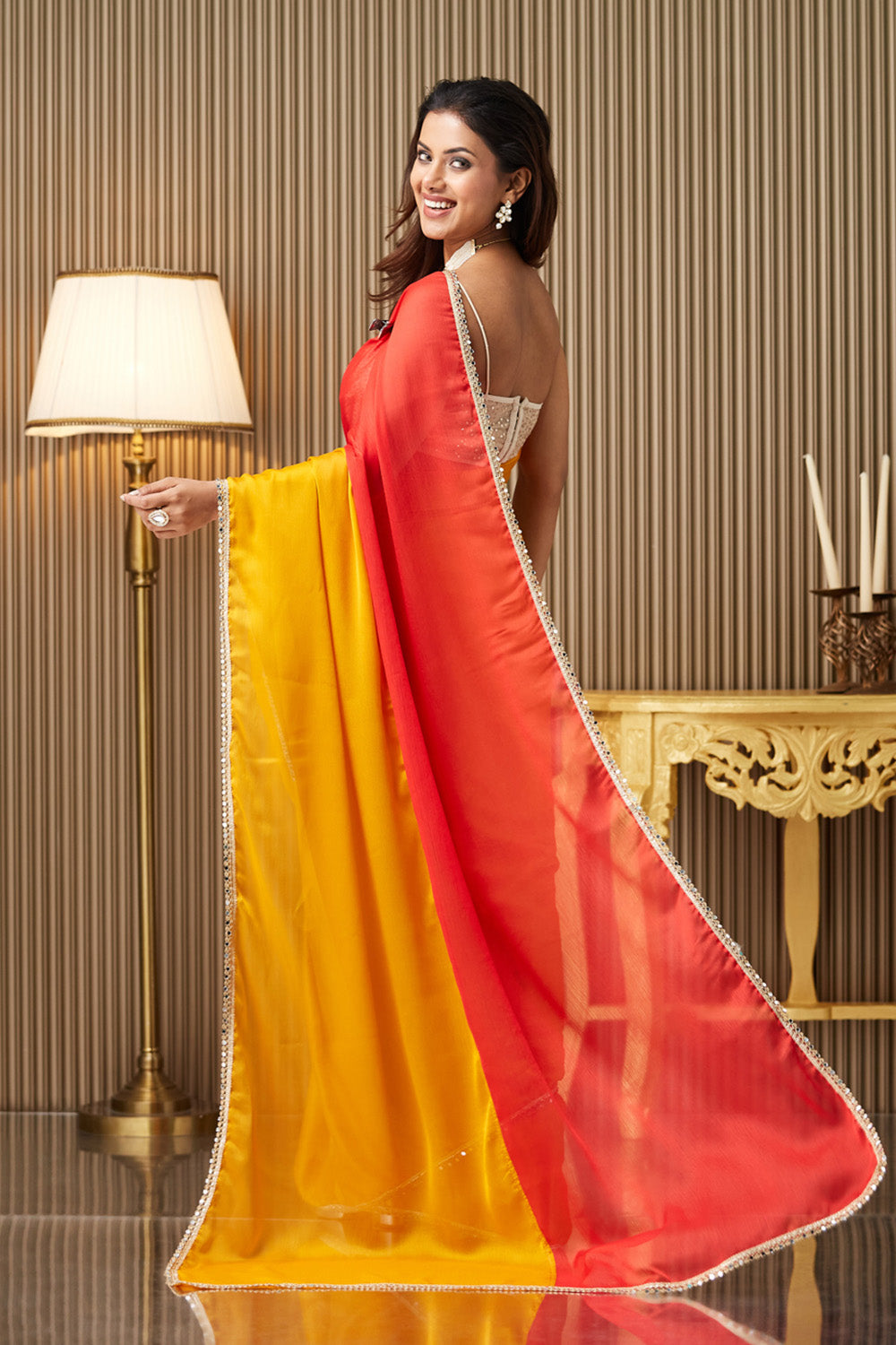 Yellow Red Colorblocked Chiffon Saree With Blouse